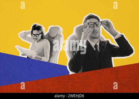 Das horizontale Magazin POP Collage Foto erschöpfter Arbeiter hat Kopfschmerzen mit Papierkram im Firmenbüro vor kreativem Hintergrund Stockfoto