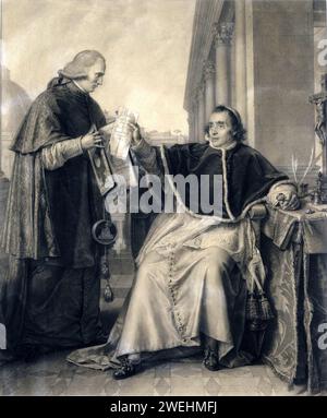 1801 , ROMA , ITALIEN : Papst PIUS VII ( PIO VII , 1742 - 1823 ), geborener Graf Barnaba Niccolò Maria Luigi Gregorio Chiaramonti . War Papst von 1800 bis zu seinem Tod 1823. War der 251. Papst der Katholischen Kirche . In diesem Kupferstich: Papst Pius VII. Übergibt Kardinal Ercole Consalvi die Ratifizierung des in Rom zwischen Frankreich und dem Heiligen Stuhl unterzeichneten Konkordats , 15. August 1801 . Porträt des Kupferstechers Jean-Baptiste Wicar ( 1762–1834 ) . - Papam - PAPA - RELIGIONE CATTOLICA - KATHOLISCHE RELIGION - ritratto - Porträt - incisione - Illustrazione - VATIKANSTADT - VATICANO Stockfoto