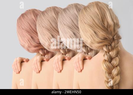 Schöne Frauen mit verschiedenen blonden Haarfarben auf hellem Hintergrund, Rückansicht Stockfoto