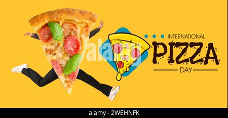 Springendes Stück leckere Pizza mit menschlichen Händen und Beinen auf gelbem Hintergrund. Banner für den Internationalen Pizza-Tag Stockfoto