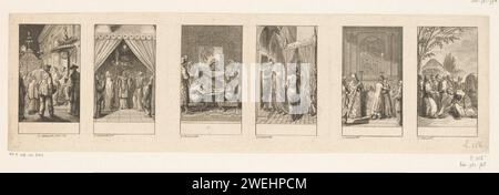 Sechs Aufführungen mit Heiratsbräuchen bei verschiedenen Völkern, Daniel Nikolaus Chodowiecki, 1780 Druck von links nach rechts; Chinesische Ehe, japanische Ehe, Hindustani-Ehe, türkische Ehe, die griechische Ehe und die Mordwiense-Ehe. Papierätzung (zivile) Hochzeitszeremonien. Chinesisch. Japanisch. Hinduismus, Buddhismus, Jainismus. Asiatische Rassen und Völker: Türken. Europäer (mit NAME) Stockfoto