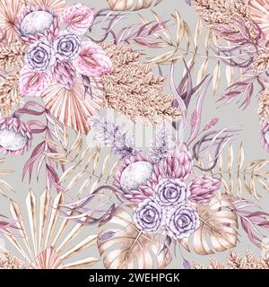 Tropisches Aquarellmuster mit trockenen Palmenblättern und Blumen in Pastelltönen im Boho-Stil. Böhmisches Muster mit tropischen Pflanzen für die Gestaltung von f Stockfoto