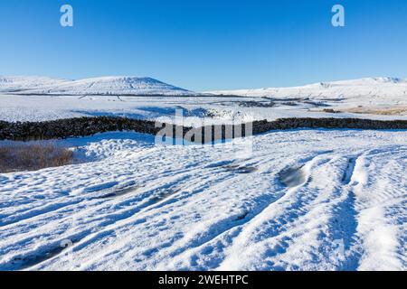 Ein wunderschöner Weitwinkelblick auf die Yorkshire Dales im Winter, mit Ingleborough und Whernside in der Ferne mit Schnee bedeckt und hellblauem Himmel. Stockfoto