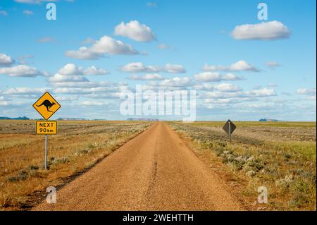 Warnschild für Känguru entlang eines nicht eingezäunten Abschnitts einer Straße im Outback Queensland, Australien. Stockfoto