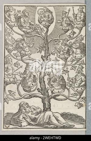 Baum von Jesse, 1629 Druck den Baum von Jesse. Im Vordergrund liegt Jesse mit seinem Ellenbogen, der auf einem Stein basiert. Ein Baum wächst aus seinen Lenden, auf deren Zweigen sich die Ahnen Christi befinden. Auf der Spitze von Maria mit Kind. Der Ausdruck ist Teil eines Albums. Papierbaum von Jesse: Genealogischer Baum, der Christi Vorfahren zeigt, die aus Jesses Lenden hervorgehen Stockfoto