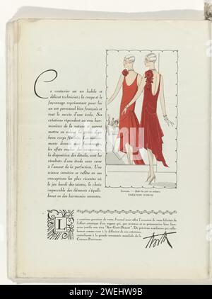 Kunst - Geschmack - Schönheit, weibliche Eleganz Blätter, Weihnachten 1928, Nr. 100, 9. Jahr, S. 40, Anonym, Zeitschrift 1928 Text mit einem Bild einer Frau, die vor einem Passspiegel steht, in einem Abendkleid aus rotem Samt, von Worth. Eine Blumenkorsage auf der linken Schulter. Seite aus dem Modemagazin Art-Goût-Beauté (1920-1933). Papierpinsel Modeteller. Kleid, Kleid: Abendkleid (+ Damenkleidung). Halskette (+ Damenkleidung). Armband, Armband (+ Damenkleidung). Corsage (+ Damenkleidung). Blumen Stockfoto