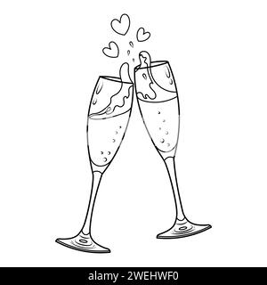 Vektor-Illustration von zwei Champagnergläsern für valentinstag. Doodle-Skizze von klirrenden Gläsern. Malbuch-Seite Stock Vektor