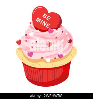 Vektor-Illustration von Cupcake zum valentinstag. Muffin mit Herzverzierung im trendigen minimalistischen Stil. Stock Vektor
