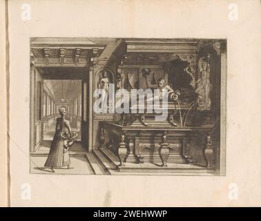 Brunnen in Form eines Grabes, 1568 gedruckt Ein Eckbrunnen in Form eines Grabes gekrönt das Bild eines Mannes, der sich an eine Kanne lehnt, aus der Wasser austritt. Links eine stehende Frau mit einer Schüssel unter dem Arm und einem Krug in der Hand. Hinter ihren Augen in einer Galerie. Dieser Ausdruck ist Teil eines Albums. Zierbrunnen zum Ätzen von Papier. Stehende Figur (Kanon, Proportionen) - AA - weibliche menschliche Figur. Städtische Architektur; Gebäude; Wohnungen Stockfoto