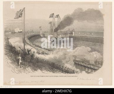 Königin Victoria kommt im Hafen von Boulogne an, 1855 P. Blanchard, 1855 drucken der königliche Besuch der britischen Königin Victoria in Napoleon III Ankunft der Royal Yacht Victora und Albert im Hafen von Boulogne, 17. August 1855. Öffentliche Festlichkeiten bei anderen königlichen Veranstaltungen, die oben nicht gemeint oder erwähnt wurden Boulogne-sur-Mer Stockfoto