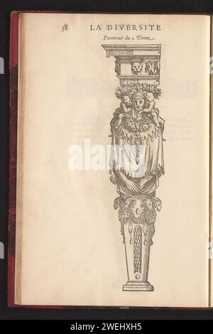 Männlicher Begriff mit Verzierung von Putti und Ramskoppen, anonym, nach hugues Samin, 1572 Druck oben links nummeriert: 38. Gemäß der Erklärung auf Seite 40 ist dies die ionische Reihenfolge. Drucken ist Teil eines Albums. Buchdrucksockel aus Papier einer Skulptur (vielleicht in Form eines herms). Herm: Säule mit dem Kopf von Mercury, Patron der Reisenden. herms (Gartenschmuck). Cupiden: 'amores', 'amoretti', 'Putti'. ram's Kopf  Ornament Stockfoto