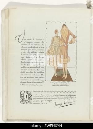 Kunst - Geschmack - Schönheit, weibliche Eleganz Blätter, Weihnachten 1928, Nr. 100, 9. Jahr, S. 36, Anonym, Zeitschrift 1928 Text mit einem Bild von zwei Frauen, die in einem Kleid von Crepé 'Ida' A. G.B. und einem Mantel von Crêpe Marocain, beide von Joseph Paquin, gekleidet sind. Seite aus dem Modemagazin Art-Goût-Beauté (1920-1933). Papierteller. Kleid, Kleid (+ Damenkleidung). Kopfbedeckung (+ Damenkleidung). Handschuhe, Fäustlinge usw. (+ Damenkleidung). Mantel (+ Damenkleidung). Borte, Band, Flecht (+ Pelz für Kleidung) Stockfoto