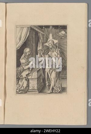 Christus erscheint seiner Mutter, 1610–1620 Druck der aufsteigende Christus grüßt seine Mutter Maria, die für einen Leser kniet. Drucken ist Teil eines Albums. Papiergravur Christus, vielleicht als Pilger gekleidet, erscheint seiner Mutter, die normalerweise betend gezeigt wird Stockfoto