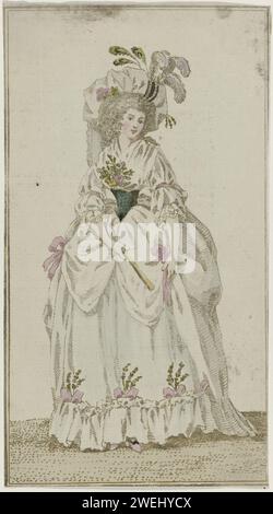Journal of Luxury and Fashion, 1787, T 2, 1787 englische Frau aus London, gekleidet in einem hofjapon, mit einem Körper aus grünem Satin. Der Rock ist mit einem empfohlenen Stoffstreifen geschmückt, der mit Schleifen und Blumen verziert ist. Fichu. Zubehör: Großer Hut mit Blumen und Strauß- und Pfauenquellen, Blumencorsage, Fächer, Schuhe mit Heels. Druck aus dem Modemagazin Journal des Luxus und der Moden, herausgegeben von Friedrich Justin Bertuch und Georg Melchior Kraus, Weimar, 1786-1826. Der Ausdruck ist eine Kopie an Pl. 1, 4. Cahier, 20-12-1786 von 'Le Magasin des Modes Nouvelles Francaises et angla Stockfoto