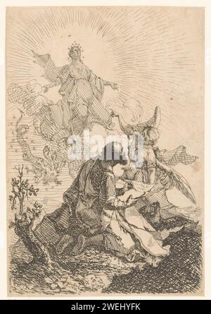 John bekommt eine Vision von Patmos, in der die Heilige Jungfrau den siebenköpfigen Drachen Johann Cimbal, 1732–1795 Druckpapier, das Johannes auf der Insel Patmos, möglicherweise den Adler neben ihm, niedersticht. Eine schwangere Frau, mit der Sonne bekleidet und auf dem Mond stehend, erscheint; sie wird von einem roten Drachen mit langem Schwanz und sieben Köpfen bedroht - GG - Mary als apokalyptische Frau. Engel Stockfoto