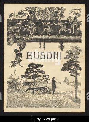Programm eines Konzertes von Ferruccio Busoni im Beethoven-Saal in Berlin, Anonym, nach Martin Brandenburg, in oder vor 1914 fotomechanischen Druck auf der Vorderseite ein Mann, der sich über eine Landschaft aufwirbelt. Hinzu kommt das Keyboard eines Flügels mit tanzenden Frauen oder Nymphen; Einige davon steigen in die Landschaft ab, und man nähert sich der stehenden Figur. Am 12. Dezember 1914 im Rahmen des Recital-Programms. Papierdruckblock Flügel. Gruppe von Frauen (Volkstanz) Berlin Stockfoto