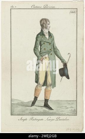 Journal of Ladies and Moden: Herrenmode, 1799 Mann, nach rechts gehend, in einer großen Redingote auf langen Hosen gekleidet. Weste. Cravate. Zubehör: Handschuhe, kleiner Wanderstock, Hut in der Hand, Stiefel mit kontrastierenden Überzügen und spitzer Nase. Der Druck ist Teil des Modemagazins Journal des Dames et des Modes, herausgegeben von Pierre de la Mésangère, Paris, 1797–1839. Papiergravur von Modetafeln. Mantel (REDINGOTE) (+ Herrenkleidung). Hosen, Hosen usw. (PANTALON) (+ Herrenkleidung). Nackenbekleidung  Kleidung (CRAVAT) (+ Herrenbekleidung). Stiefel (+ Herrenbekleidung). Handschuhe, Fäustlinge, Stockfoto