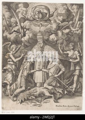 Papst Pius v. Allieert mit Philipp II., König von Spanien, Martino Rota, 1566–1572 Print Papst Pius v. Allieert mit Philipp II., König von Spanien. Er ist in der Mitte; über seinem Haupt Gott der Vater in einer Wolke, der Heilige Geist als Taube und einige Engel mit Palmenzweigen. Für ihn sind Philipp II. Und der Doge van Venice in einer knienden Position. Hinter Philipp II. Ein Engel mit seiner Krone, rechts ein Engel mit einem Hundemantel in der Hand. Unter ihren Füßen ist ein gefallener Drache. Papierätzung / Gravur Papst. Herrscher, souverän. Engel. Heiliger Geist dargestellt als Taube (in Flammen). Gott, der Vater. Andere Sover Stockfoto