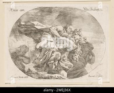 Aeneas trägt seinen Vater Anchises auf dem Rücken, Samuel Bottschild, 1693 Druckpapier mit der Gravur „Pius Aeneas“: Aeneas, der Ascanius führt, entkommt aus dem brennenden Troja, trägt seinen Vater Anchises mit den Penaten; seine Frau Creusa, die mit ihnen aufbricht, ist auf dem Weg verloren Stockfoto