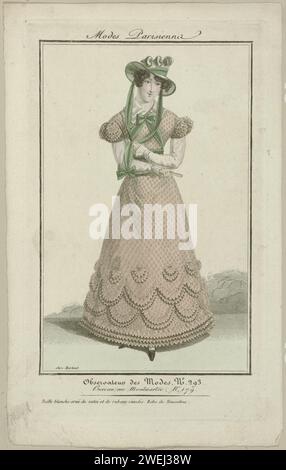 Observer des Modes, 1822, Nr. 293: Pariser Modi: Ornée White Stroh (...), 1822 stehende Frau in einem Mousseline-Kleid. Auf dem Kopf ein Hut aus weißem Stroh, verziert mit Satin und "Rubans Simulés". Druck aus dem Modemagazin Observateur des Modes (Août 1818 - 30 Novembre 1823). Papier Gravur / Ätzkleid, Kleid (+ Damenkleidung). Modische Teller. Kopfbedeckung: Hut (+ Damenbekleidung). Handschuhe, Fäustlinge usw. (+ Damenkleidung). Fan (+ Damenkleidung). Schuhe, Sandalen (+ Damenkleidung). Borte, Band, Flecht (+ Damenkleidung) Stockfoto