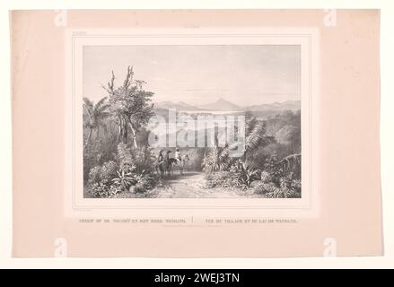 Blick auf ein abgelegenes Dorf in der Nähe von Tondano, Paulus Lauters, nach Charles William Meredith van de Velde, 1843–1845, gibt es drei Männer zu Pferd auf der Sandstraße. Einer von ihnen schaut durch ein Fernglas. Oben links nummeriert: pl. Xxxix. Der Ausdruck ist Teil eines Deckblatts mit acht Blättern. Papier. Landschaften in der nicht gemäßigten Zone, exotische Landschaften. Aussicht auf das Dorf, Silhouette des Dorfes. Ferngläser, Spionageglas usw. Tondano Stockfoto