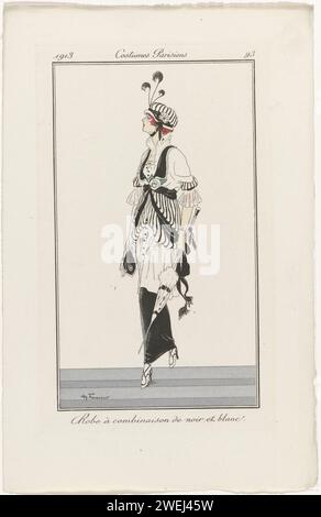 Journal of Ladies and Fashion: The Fashion Illustrators, 1913 Kleid mit einer Kombination aus Schwarz und weiß. Sonnenschirm in den Händen. Druck aus dem Modemagazin Journal des Dames et des Modes (1912-1914). Papiergravur von Modetafeln. Kopfbedeckung: Hut (+ Damenbekleidung). Kleid, Kleid (+ Damenkleidung). Sonnenschirm, Sonnenschirm (+ Damenkleidung). Handschuhe, Fäustlinge usw. (+ Damenkleidung). Tasche (HANDTASCHE) (+ Damenkleidung) Stockfoto
