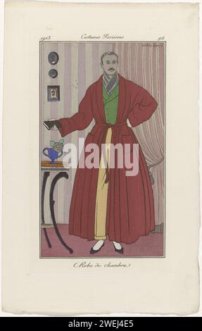 Journal of Ladies and Fashion: The Fashion Illustrators, 1913 Mann in einem Morgenmantel oder Hauskleid mit Gürtel. Darunter trägt er einen Schal, eine Weste und eine lange Hose. Ein Buch in der rechten Hand. Druck aus dem Modemagazin Journal des Dames et des Modes (1912-1914). Papiergravur von Modetafeln. Kleidung, Kostüm (+ Herrenkleidung). Hausmantel (+ Herrenkleidung). Hosen, Hosen usw. (PANTALON) (+ Herrenkleidung). Kleidung für den oberen Teil des Körpers (WESTE) (+ Herrenkleidung). Buch Stockfoto
