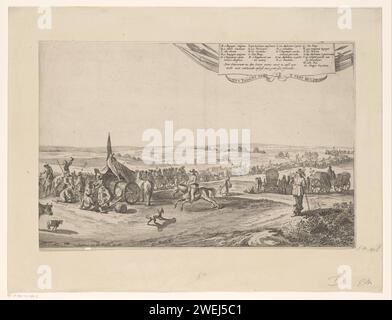 Exodus der spanischen Garnison aus Hulst (rechte Zeitschrift), 1645, Pieter Nolpe, 1645 Druckübung der spanischen Garnison aus Hulst (rechte Zeitschrift), 1645. Hulst wurde am 28. September von der Staatsarmee unter Frederik Hendrik belagert und am 5. November 1645 eingenommen. Direkt in einer Show, die aus zwei Blättern besteht. Im Vordergrund, links trinkende Soldaten in einem Zelt. Bei der Prozession von Fußsoldaten, Fahrern und Güterwagen. Oben eine Kartusche mit der Legende A-X. Papierätzung / Gravur Rückzug der Besiegten. Erholung  der Soldat aus dem Dienst Holly Stockfoto