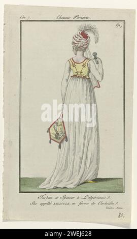 Journal of Ladies and Fashion: Ladies ’Fashion, 1798 Turban mit dem Namen ‚Turban à l’Algérienne’. „Spencer à l'Algérienne“ mit Schleifenmuster auf einem Kleid mit Schlafkomfort. Beutel mit „SAC“, genannt „Lächerlichkeit“ (Retikulat), in Form einer „Corbeille“. Der Bildunterschrift zufolge wird dieses Kostüm mit der „Théâtre Italien“ zum Leben erweckt. Der Druck ist Teil des Modemagazins Journal des Dames et des Modes, herausgegeben von Sellèque, Paris, 1797–1839. Papiergravur von Modetafeln. Kopfbedeckung: Turban (+ Damenkleidung). Kleid, Kleid (+ Damenkleidung). Kleidung für den oberen Teil des Körpers (SPENCER) (+ wom Stockfoto