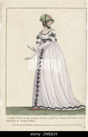 Kollektion für Männer und Frauen, 1783–1813: La Tendre Lisbeth (...), 1783–1813 Frau in einem Kleid mit Schleife. Lange Ärmel und Strapazierfähigkeit. Auf dem Kopf ein 'Chapeau a la Ruche'. Furer-Zubehör: Ventilator, Armband um die linken Pols, flacher Schuh mit spitzer Nase. Laut der Bildunterschrift geht sie durch die „Jardins d'Idalie“. Der Druck ist Teil einer Serie von mindestens 82 Modedrucken, Collection Consacrée Aux Modes d’Hommes et de Femmes, erschienen bei Basset, Paris, zwischen 1783 und 1813 Papierstiche. Fan (+ Damenkleidung). Kopfbedeckung: Hut (+ Damenbekleidung). Stockfoto