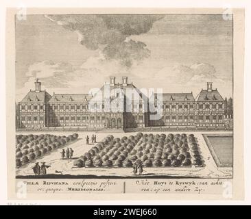 Blick auf die Rückseite und den Garten von Huis ter Nieuburch in Rijswijk, Pieter Schenk (I), 1697 Druck Ansicht auf die Rückseite von Huis ter Nieuburch in Rijswijk. Papierätzung / Gravur Schloss Haus Ter Nieuburch Stockfoto