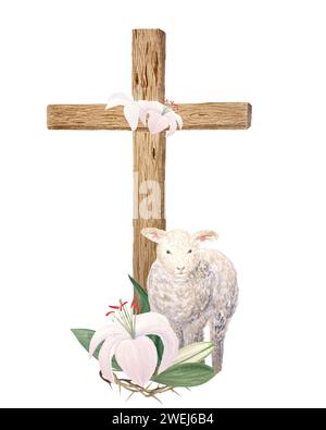 Aquarell Holzkreuz Lammlilien Komposition für Ostern, heiligen Donnerstag, religiöse Illustration isoliert auf weiß Stockfoto