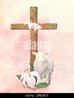 Aquarell Holzkreuz Lammlilien Karte für Ostern, heiligen Donnerstag, religiöse Illustration auf Pfirsichhintergrund Stockfoto