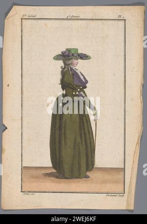 Laden neuer französischer und englischer Modi, 30. Dezember 1786, 2. Jahr, 5. Notizbuch, pl. 1, 1786 Engländerin in einem olivgrünen 'Redingote d'Homme' gekleidet. Auf dem Kopf ein olivgrüner Hut mit breitem Rand, der mit lila Schleife verziert ist. Gehstock in der Hand. Der Druck ist Teil des 5. Cahier aus dem Magasin des Modes Nouvelles Francaises et Anglaises. Die Serie besteht aus 172 Modedrucken, die von Buisson, Paris, 20. November 1786, veröffentlicht wurden – 21 Décembre 1789 Papiergravur von Modeplatten. Kleid, Kleid: Redingote (+ Damenkleidung). Kopfbedeckung: Hut (+ Damenbekleidung). Gehstock, Stab, c Stockfoto