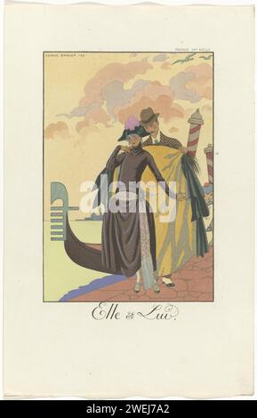 Falbalas und Fanfreluches: Almanach der Gegenwart, Vergangenheit & Zukunft für 1922: Elle et lui / Frankreich XXth Century, George Barbier, 1922 Magazin ein elegant gekleideter Mann und Frau an einem Kai in Venedig. Der Mann legt der Frau einen weiten umhang um die Schultern. Eine Gondel im Hintergrund. Druck aus der Falbalas & Fanfreluches Serie (1922-1926). Papierpinsel Modeteller. Kopfbedeckung: Hut (+ Damenbekleidung). Schleier (+ Damenkleidung). Gürtel, Gürtel, Bund (+ Damenbekleidung). cape (+ Damenkleidung). Kombinationen von Kleidungsstücken (ANZUG) (+ Herrenkleidung). Gondel Stockfoto