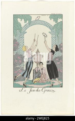 Falbalas und Fanfreluches: Almanach der Gegenwart, Vergangenheit und Zukunft für 1922: The Game of Graces - France XXth Century, George Barbier, 1922 Magazin drei junge Frauen in einer Laube. Zwei von ihnen spielen ein Spiel mit Stöcken und Ringen. Die dritte ist mit einer dekorativen Vase und Uhren. Druck aus der Falbalas & Fanfreluches Serie (1922-1926). Papierteller. Spielzeuge. pergola. Kleid, Kleid (+ Damenkleidung). Schuhe, Sandalen (+ Damenkleidung). Kopfbedeckung: Hut (+ Damenbekleidung). Gartenvase Stockfoto