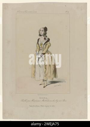 Neue Transvestiten, ca. 1830, Nr. 67: Dona. Samthut (...), ca. 1830 Transvesti oder Kostüme. Dona. Frau in Sakko und Rock aus Satin. Auf dem Kopf eine Haube aus Samt. Lüfter in der Hand. Papierteller. Kopfbedeckung: Haube (+ Damenbekleidung). Mantel (+ Damenkleidung). Fan (+ Damenkleidung). Rock (+ Damenkleidung). Schleife (Zierteil der Kleidung) (+ Damenbekleidung). Historisches Kostüm (+ Damenkleidung) Stockfoto