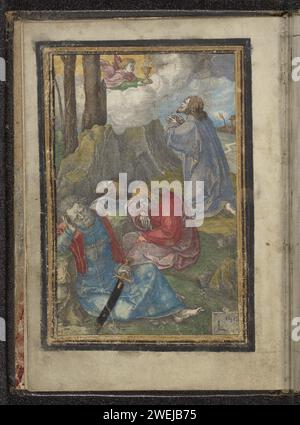 Christus im Hof van Getsemane, Lucas van Leyden, 1521 Druck Christus betet im Hof von Getsemane in der Angst vor dem Tod. Ein Engel schenkt ihm einen Kelch. Peter, James und John schlafen im Vordergrund. Dieser Druck ist Teil eines handgeschriebenen Gebetsbuches. Papier. Pergament (Tiermaterial) Gravur Qual of Christ: Um ihn zu trösten, erscheinen Christus ein oder mehrere Engel mit Kelch und/oder Kreuz. Qual Christi; drei (oder elf) Apostel schlafen Stockfoto