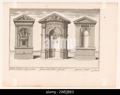 Drei Springbrunnen, möglicherweise aus Paris, Langlois (zugeschrieben), um 1600 - um 1750 Druckpapierätzung / Gravur Zierbrunnen Stockfoto