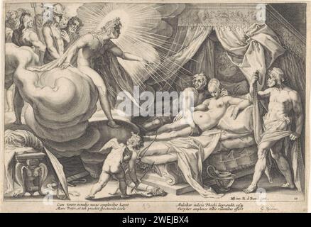 Mars und Venus überrascht von Apollo, 1615 Druck Mars und Venus liegen zusammen im Bett. Apollo, auf einer Wolke am Fußende, steckt sie mit einem beschuldigenden Finger an. Hinter ihm standen andere olympische Götter, darunter Mercury und Neptun. Im vorderen Amor. Am unteren Rand eine vierzeilige Erklärung in zwei Spalten auf Lateinisch. Papiergravur Mars und Venus machen Liebe, Apollo (Sol) erscheint Stockfoto