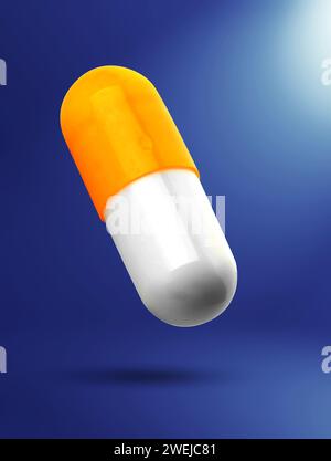 Bunte Vitaminkapsel in der Luft auf blauem Gradientenhintergrund Stockfoto