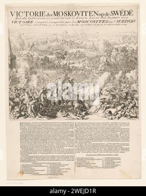 Schlacht von Poltawa, 1709, Anonym, 1709 Print Sieg der russischen Truppen auf Schweden in der Schlacht von Poltawa am 8. Juli 1709, mit Peter dem Großen im Jahr 1709 besiegte König Karl XII Es war die entscheidende Schlacht im Großen Nordischen Krieg. Blick auf das Schlachtfeld. Mit Untertiteln in Niederländisch und Französisch. Papierätzung / Buchdruck Battle Poltawa Stockfoto