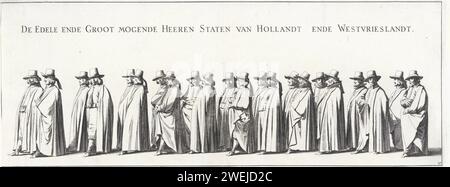 Der Trauerzug Frederik Hendriks (Platte Nr. 27), 1647, Pieter Nolpe, nach Pieter Jansz. Post, 1651 drucken der Trauerzug von Stadholder Frederik Hendrik in den Haag am 10. Mai 1647. Platte Nr. 27 mit einem Teil der Prozession mit Mitgliedern der Staaten Holland und Westfriesland, über dem Volk steht ihre Funktion. Teil einer Serie von 30 Platten und 20 Textmagazinen, die zusammengesteckt werden sollen. Papierätzung / Gravurcortege, Trauerprozession Stockfoto