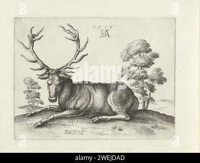 Liegender Hirsch, links, Wenzel Hollar, nach Albrecht Dürer, 1649 Druckpapier, das Huftiere graviert: Hirsch Stockfoto