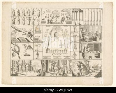 Blatt mit verschiedenen enzyklopädischen Darstellungen, Johann Rudolph Schellenberg, 1784 drucken verschiedene Aufführungen in Rahmen, mit der Gesetzgebung über den Berg Sinai, umgeben von anderen Aufführungen wie Schmetterlingen, Raupen und Kokons, verschiedenen Priestern und klassischen Säulen. Nummeriert in der Mitte: 17. Papiergravur / Ätzung Tabernakel, Tempel, Synagoge und andere Heiligtümer  jüdische Religion. Säule, Säule  Architektur. Ofen - Küche - CC - im Freien. Insekten: raupe Stockfoto