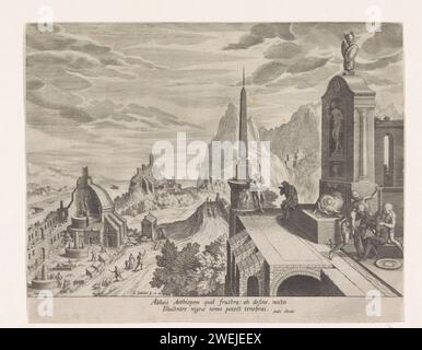 Landschaft mit dem Emblem über das Waschen eines Moors, Johannes Sadeler (II), nach Hendrick van Cleve, 1595 - 1600 Druck Felsenartige Flusslandschaft mit klassischen römischen Ruinen. Rechts auf der Dachterrasse eines Gebäudes versuchen drei weiße Jungs, die schwarze Hautfarbe eines Moors wegzuwaschen. Das ist die Vorstellung eines Emblems mit der Botschaft, dass einige Unternehmen unmöglich sind. Der Druck hat eine lateinische Unterschrift mit der Unterschrift des Impossibile Emblems von Andrea Alciati. Papiergravursteine. Afrikaner. Waschen und Baden - AA - im Freien. Weiße Rassen und Völker (+ Männer). Unmöglichkeit (+ Stockfoto