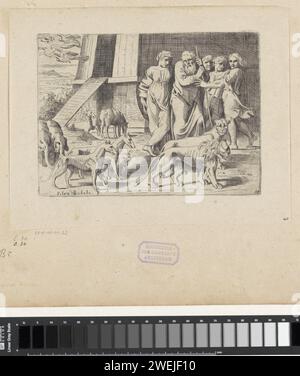 Noah verlässt die Arche, Sisto Badalocchio, nach Rafaël, 1607 Druck Noah und seine Familie verlassen die Arche nach der Flut zusammen mit den Tieren. Unten nummeriert: 15. Papier, das die Ausschiffung graviert  Geschichte von Noah (1. Mose 8:18 - 9:17) Stockfoto