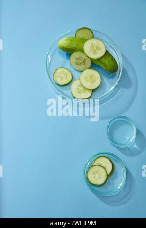 Szene für Werbekosmetik mit Zutat aus Gurke - frische Gurkenscheiben in Petrischale auf blauem Hintergrund. Platz für Text und Design. Die Stockfoto