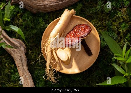 Szene für Werbemittel mit pflanzlicher Arzneimittelzutat. Ginseng-Wurzel und Reishi-Pilze auf rundem Holz, Zweige und Blätter auf grünem Moosrücken Stockfoto