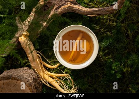 Eine Schüssel mit Tonic Water aus Ginsengwurzel auf Waldgrund, Moos, Blättern und getrockneten Zweigen. Szene für Werbemittel aus Ginseng-Extrakt mit Natu Stockfoto